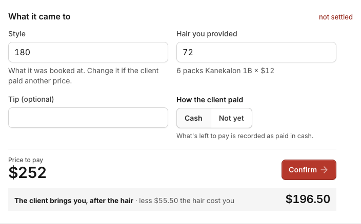 What it came to: style 180, hair 72 for 6 packs at 12 dollars, price to pay 252 dollars, and 196.50 dollars after the 55.50 dollars the hair cost.